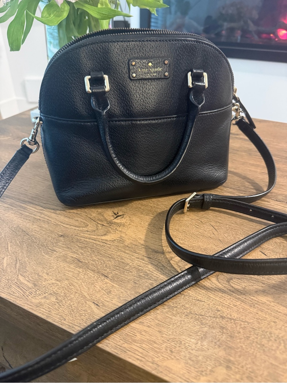 kate spade Black Pebbled Leather Dome Satchel with Strap